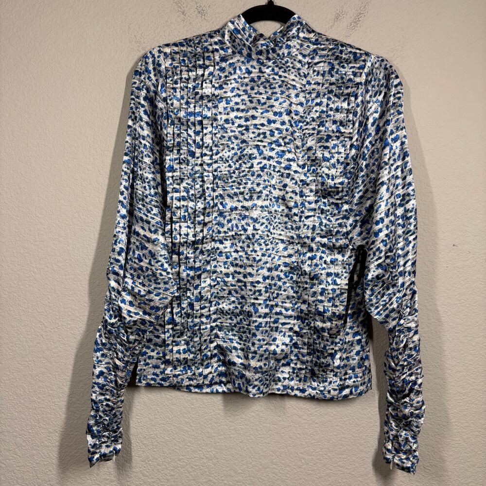 Hunter Bell Size XS Leopard Print Blouse Pleated White Blue Gathered Sleeves